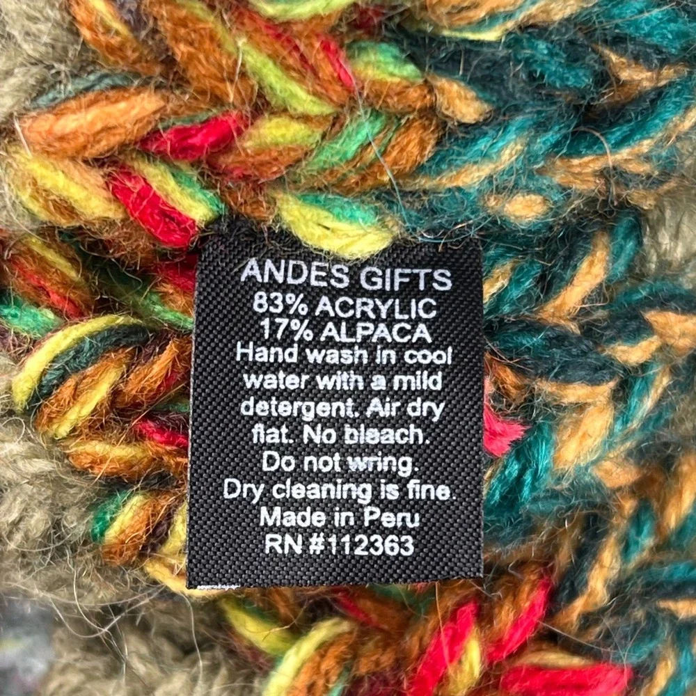Andes Gifts Multi Color Chunky Knit Pom Pom Beanie Olive Green Alpaca‎ Blend